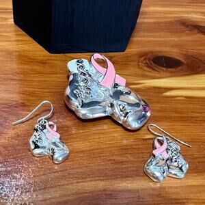Pink Ribbon Cancer Boxing Glove‎ Pendant Brooch & Dangle Earrings Silver Tone
